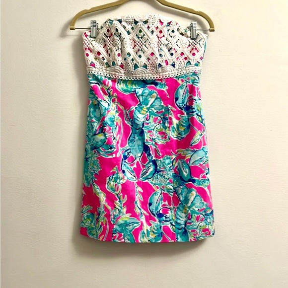 Lilly Pulitzer Brynn Dress Raz Berry Lobsters - Strapless Lace- Size 0 - Picture 1 of 14
